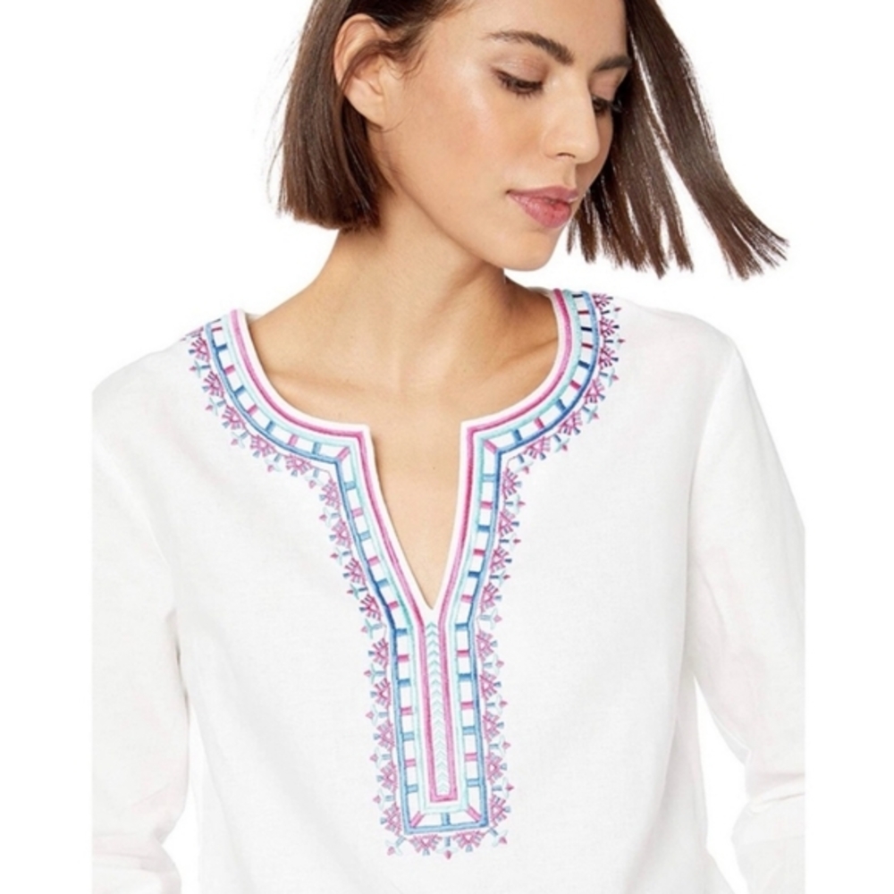 Womens Pappagallo Embroidered Linen Tunic Top Size Medium